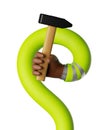 3d render. Funny cartoon flexible arm holds hammer building tool. Elastic dark skin hand isolated on white background