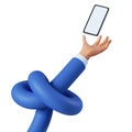 3d render, funny cartoon flexible knotted hand shows smartphone with blank screen. Wireless technology concept. Business clip art