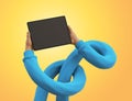 3d render, funny cartoon flexible tangled hands wearing blue sweater, hold blank graphic pad with blank screen. Wireless gadget, Royalty Free Stock Photo