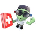 3d Funny cartoon frankenstein monster character holding a first aid kit Royalty Free Stock Photo