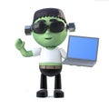 3d Funny cartoon Frankenstein monster character has a laptop pc device Royalty Free Stock Photo