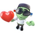 3d Funny cartoon frankenstein monster character holding a red heart Royalty Free Stock Photo