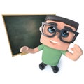 3d Funny cartoon geek nerd hacker character standing in front of a blackboard