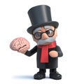 3d Funny cartoon gentleman lord character holding a human brain