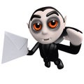 3d Funny cartoon Halloween dracula vampire character delivering an envelope