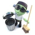 3d Funny cartoon Halloween frankenstein monster cleaning up with a broom Royalty Free Stock Photo