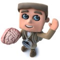 3d Funny cartoon hiker adventurer character holding a human brain Royalty Free Stock Photo