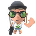 3d Funny cartoon hippy stoner character wearing a bowler hat and carrying a briefcase