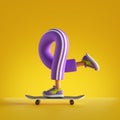 3d render, funny cartoon legs and skateboard isolated on yellow background, skateboarder ride speed, a