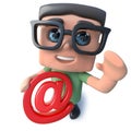 3d Funny cartoon nerd geek character holding an email address symbol