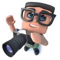 3d Funny cartoon nerd geek character taking a photo with a camera