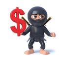 3d Funny cartoon Ninja assassin character has US Dollar currency symbol