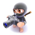 3d Funny cartoon ninja assassin taking a photo with a camera
