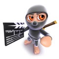 3d Funny cartoon ninja assassin warrior character holding a movie makers clapperboard