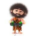 3d Funny cartoon primitive caveman playing a videogame with a joystick