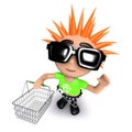 3d Funny cartoon punk youth holding a shopping basket
