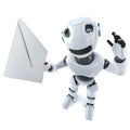 3d Funny cartoon robot character holding an email message envelope