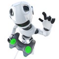 3d Funny cartoon robot character playing a video game with a joystick controller