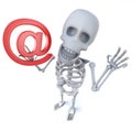 3d Funny cartoon skeleton character holding an email address symbol