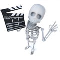 3d Funny cartoon skeleton character maing a movie with a clapperboard Royalty Free Stock Photo