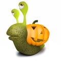 3d Funny cartoon snail character with a Halloween pumpkin instead of a shell