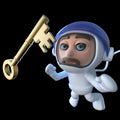 3d Funny cartoon spaceman astronaut character chasing a gold key in space