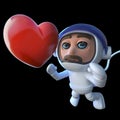 3d Funny cartoon spaceman astronaut character chasing a heart in space