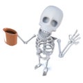 3d Funny cartoon spooky skeleton character drinking coffee from a mug