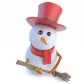 3d Funny cartoon winter snowman character sweeping with a broom Royalty Free Stock Photo