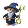 3d Funny cartoon wizard magician character points to a gold key with his magic wand