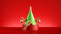 3d render, funny Christmas tree character on podium. Green cone with golden model legs, sits on the round pedestal isolated on red