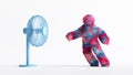 3d render, funny colorful Yeti cartoon character stands opposite the fan and resists the wind. Resistance concept. Funny furry toy