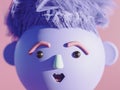3d render of funny cute cartoon character with funny hair style. Socked or surprised face expression. very peri color of