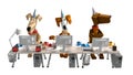 3d render of funny cute dogs working in the office behind computers