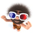 3d Funny savage caveman character watching a movie with 3d glasses on