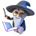 3d Funny wizard magician character waving his wand at his magic book of spells Royalty Free Stock Photo