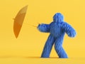 3d render, funny Yeti cartoon character dancing with umbrella. Funny toy, hairy blue monster clip art Royalty Free Stock Photo