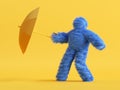 3d render, funny Yeti cartoon character holds umbrella and resists the wind. Stormy weather concept. Funny toy, hairy blue monster