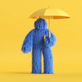 3d render, funny Yeti cartoon character holds umbrella. Seasonal weather concept. Funny toy, hairy blue monster clip art isolated Royalty Free Stock Photo