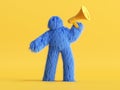 3d render, funny Yeti cartoon character speaks using megaphone. Important announcement, attention concept. Funny toy, hairy blue