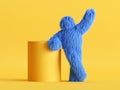 3d render, funny Yeti cartoon character stands in relaxed pose near the empty cylinder podium. Funny toy, hairy blue monster clip. Royalty Free Stock Photo