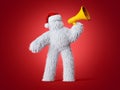 3d render, funny Yeti cartoon character, wears Christmas hat, speaks using megaphone. Important announcement, attention concept