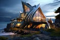 3D render of a futuristic house on the seashore. A creatively designed house by the seaside, AI Generated