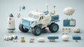 3D render of a futuristic lunar rover with various space exploration equipment