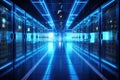 3D render of a futuristic server room with blue glowing lights, Big data center technology warehouse with servers for information Royalty Free Stock Photo