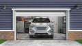 render of garage interior with open door and car in front 3d illustration Royalty Free Stock Photo