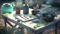 3D render of a garden table with plants, books and tools