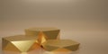 3D render geometric podium. Gold hexagon cube, golden square podium in gold background. Concept scene stage showcase, product,