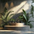 3d render of geometric podium with green plants and shadows on concrete wall Royalty Free Stock Photo