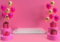 3d render of gift box and floating balloons with white podium, pink blackground, minimal concept for Valentine`s day, Celebration Royalty Free Stock Photo